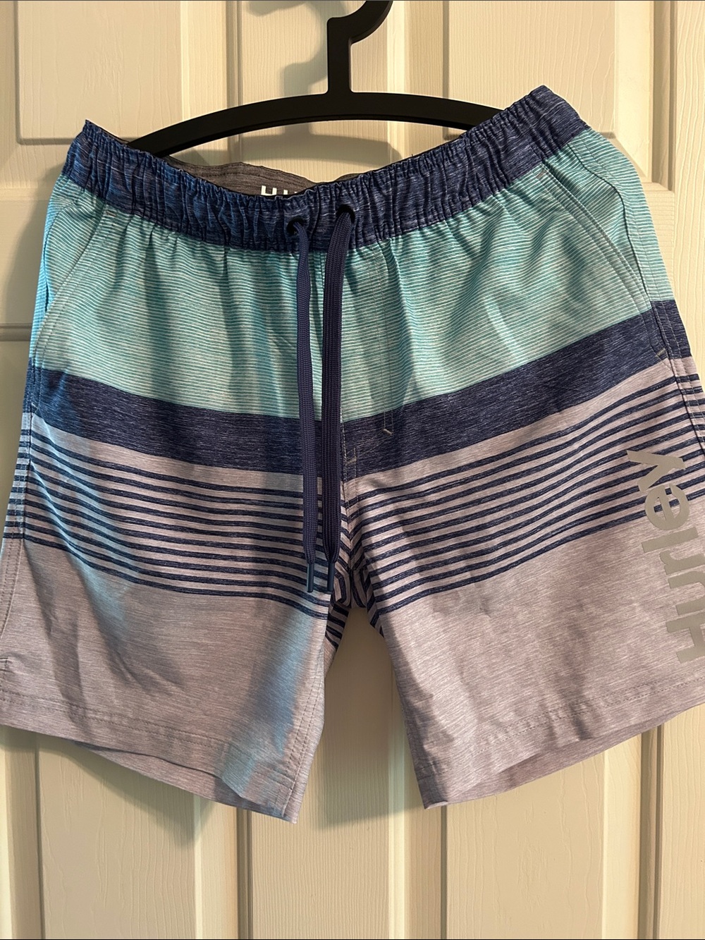 Hurley Men’s Teal/Navy Gradient Stripe Swim Trunks- Medium
